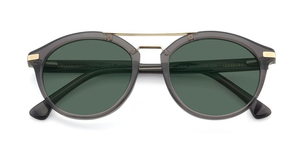 Gray-Gold Retro-Vintage Double Bridge Acetate Polarized Sunglasses with Green Sunwear Lenses | Yesglasses