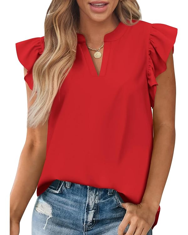 Womens Summer Tops V Neck Ruffle Sleeve Blouse,Basic T Shirts,Loose Fit Going Out Tops,Business C... | Amazon (US)