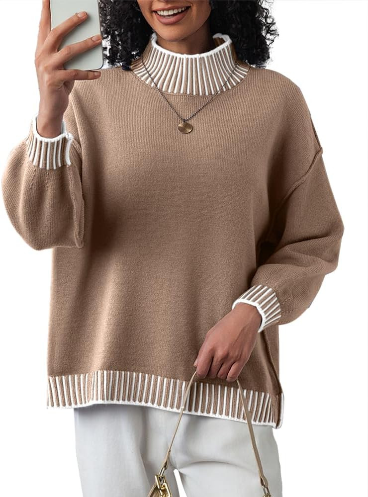 CHYRII Women Fall Fashion 2024 Sweater Overiszed Batwing Long Sleeve Striped Turtleneck Pullover ... | Amazon (US)