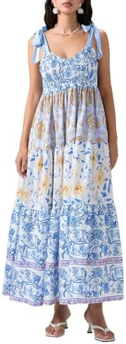 Women Summer Y2k Floral Maxi Dress Tie Shoulder Smocked Long Dress Tiered Flowy Swing A Line Beac... | Amazon (US)