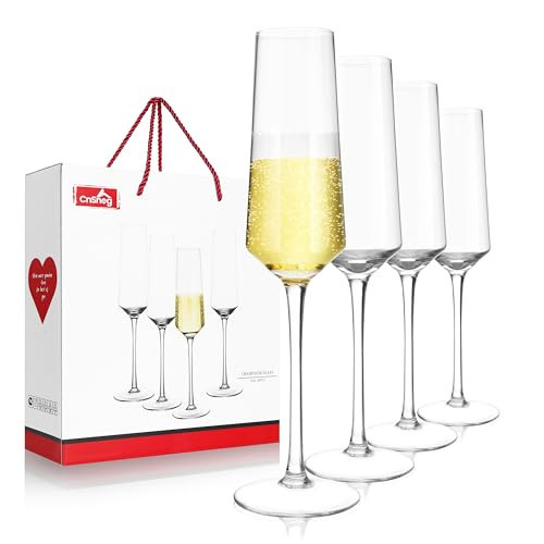 CnSneg Crystal Champagne Flutes Glass Set of 4, Hand Blown Sparkling Champagne Glasses 7OZ, Premium Clear Mimosa Glasses with Long Stem, Unique Champagne Gift for Wedding, Engagement Gift | Amazon (US)