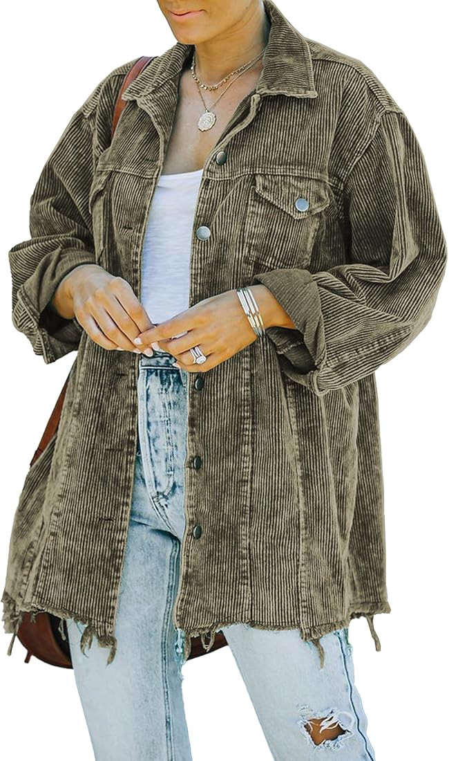 Hixiaohe Women's Casual Oversized Button Down Corduroy Shirt Jacket Coat Washed Retro Shacket | Amazon (US)