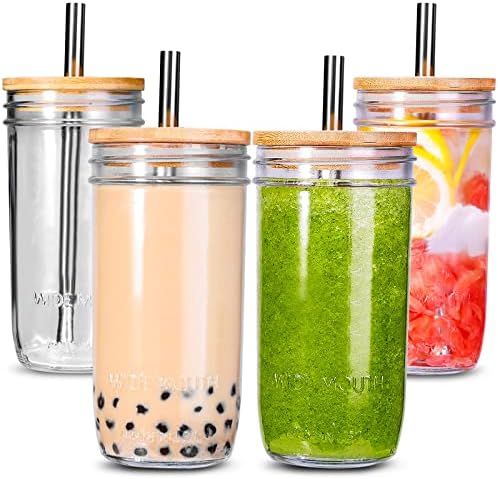 Bubble Tea Cups 4 Pack 24 oz, Reusable Wide Mason Mouth Smoothie Cups, Iced Coffee Cups With Bamboo  | Amazon (US)