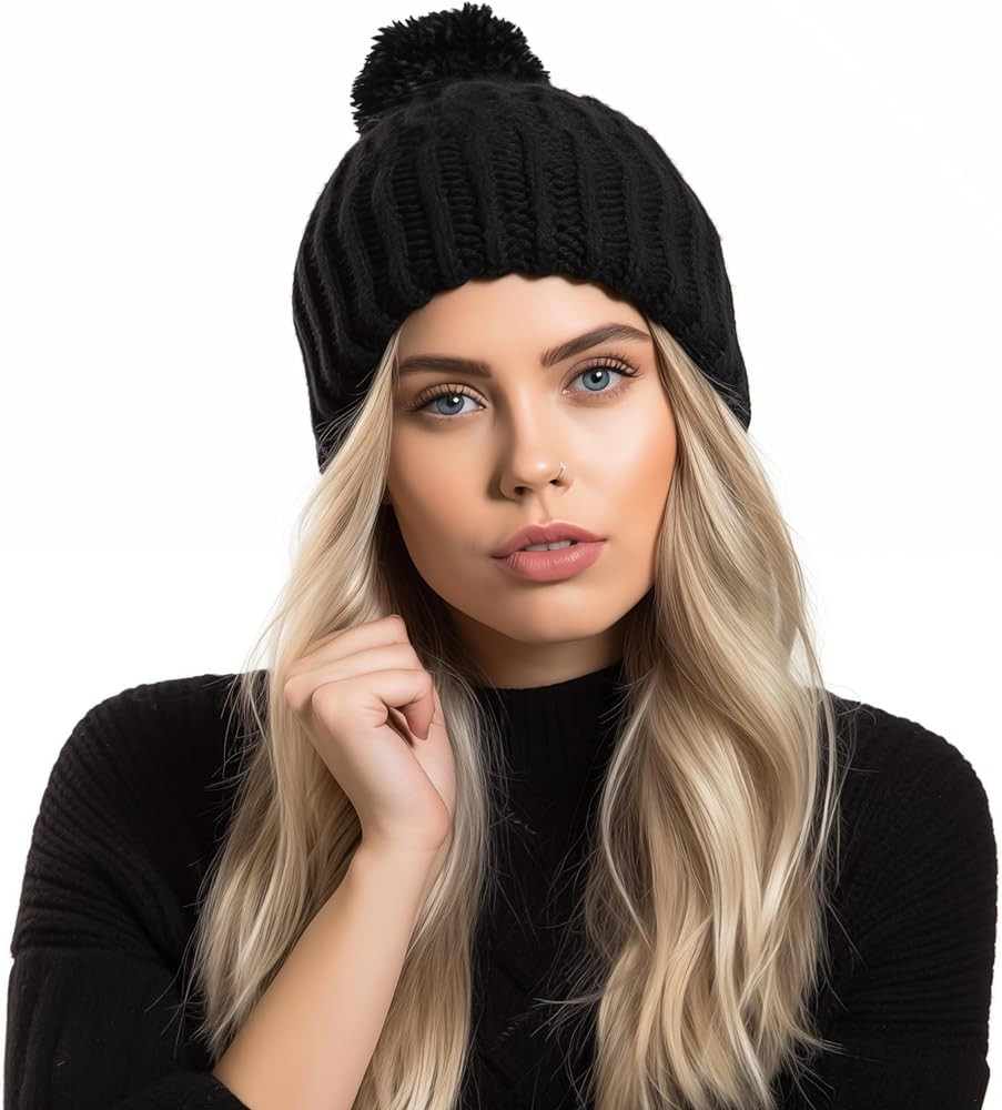 Nollia Women's Pom Pom Knit Winter Beanie for Cold Weather - Warm Fleece - Cable Knit | Amazon (US)