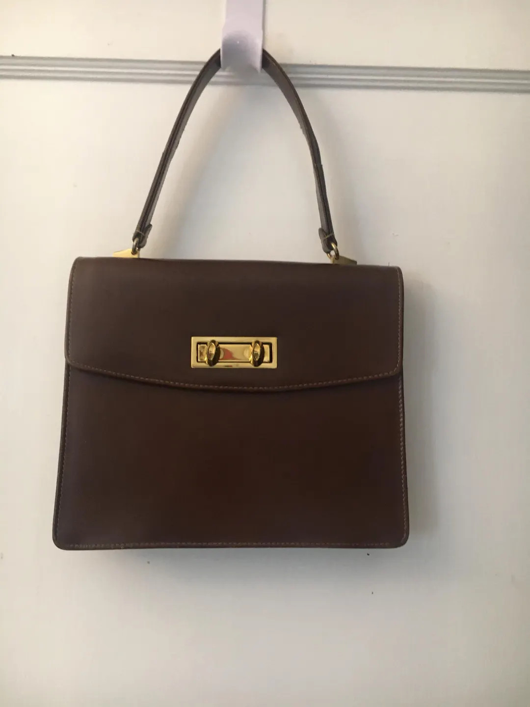 Vintage Mid Century Dark Brown Leather Purse/handbag W/top Handle, Gold Tone Metal Accents/beige ... | Etsy (US)