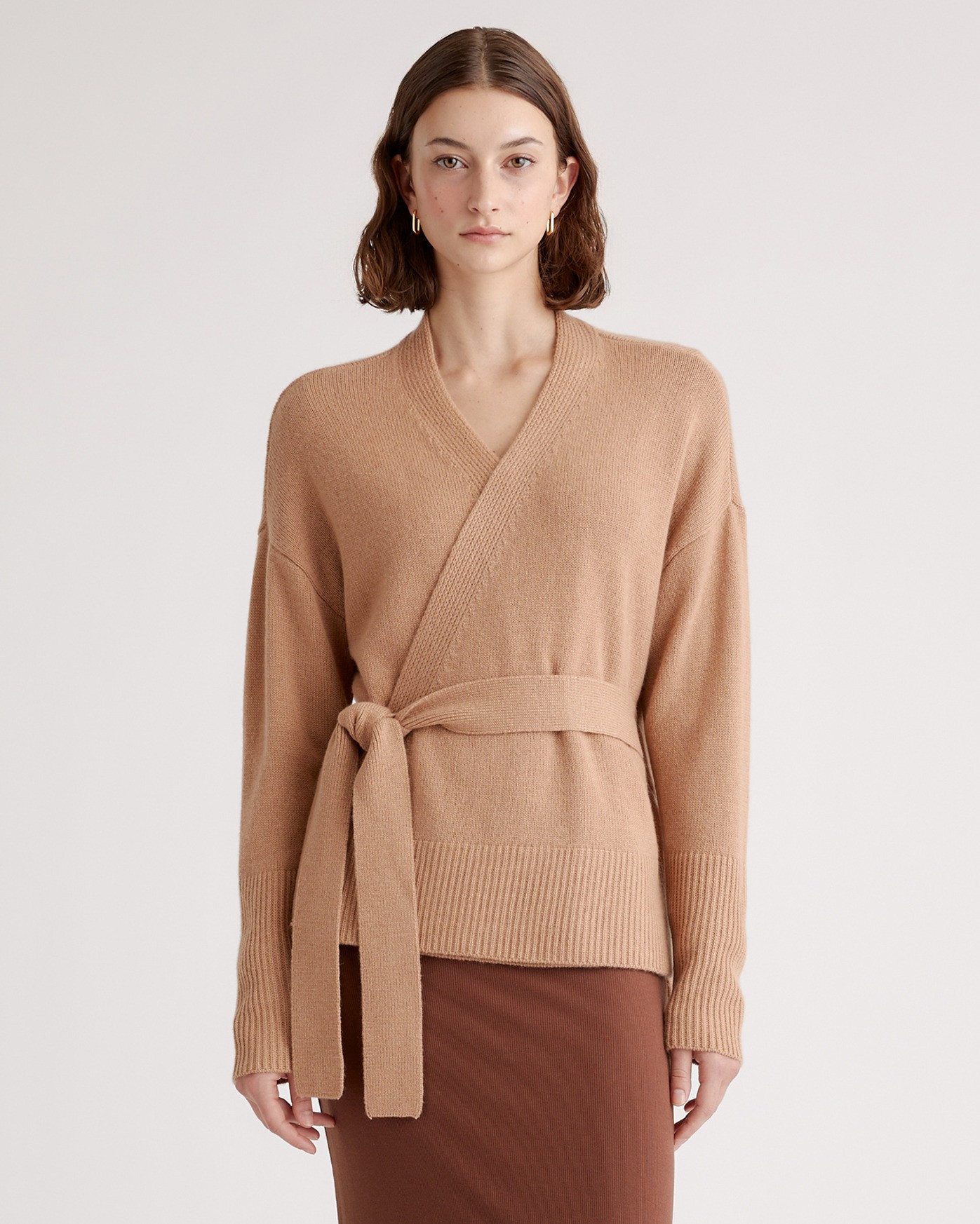 Quince | Women's Mongolian Cashmere Wrap Sweater in Camel, Size XL | Quince