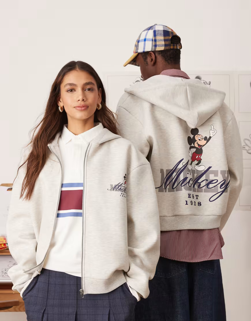 ASOS DESIGN Disney unisex boxy oversized scuba zip up hoodie with Mickey Mouse prints in heather gray | ASOS (Global)