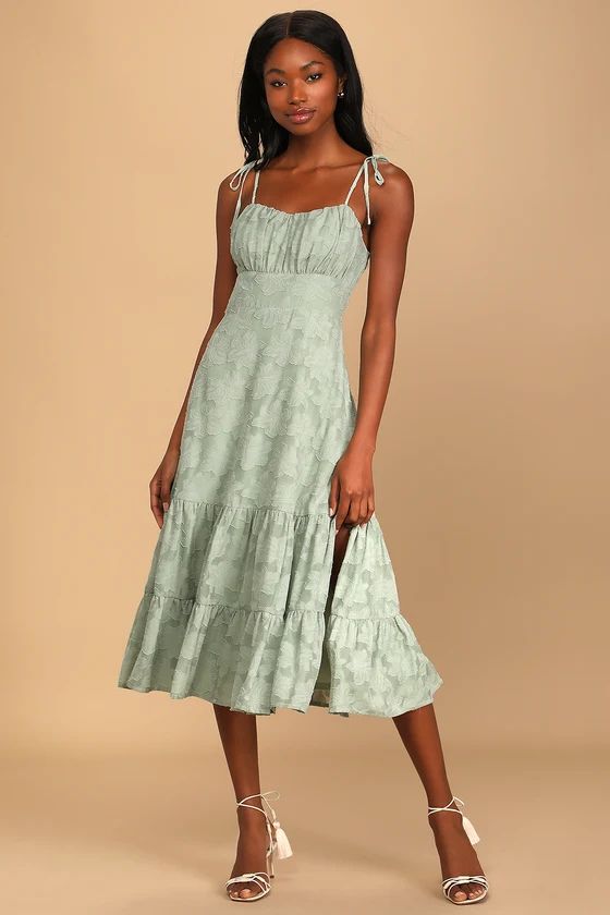 Sweet Sentiments Sage Green Jacquard Tiered Midi Dress | Lulus (US)