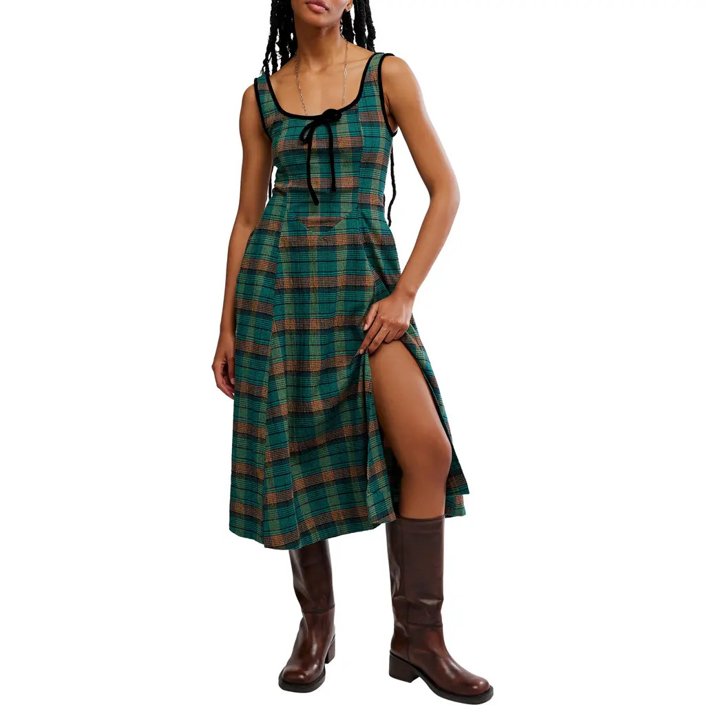 Free People Freya Plaid Bow Midi Dress in Kelly Green Combo at Nordstrom, Size Medium | Nordstrom