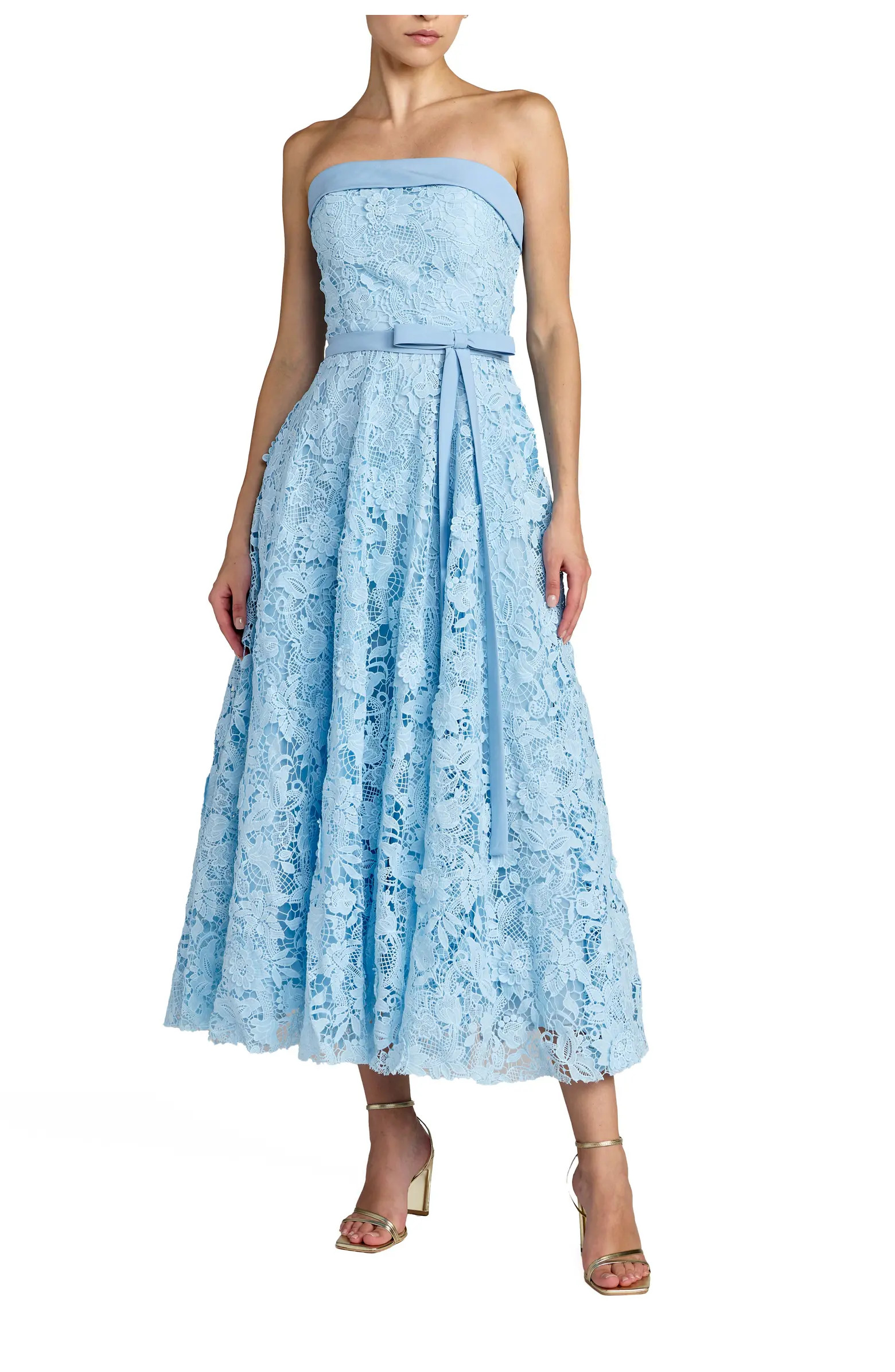 Embroidered Lace Strapless Midi Dress With Bow Detail | Nordstrom