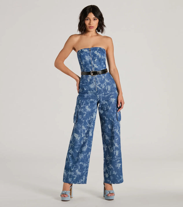 Good Vibes Strapless Tie-Dye Wide-Leg Cargo Jumpsuit | Windsor Stores