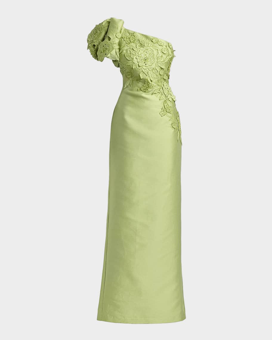 Badgley Mischka One-Shoulder Pebble Gazar Column Gown | Neiman Marcus