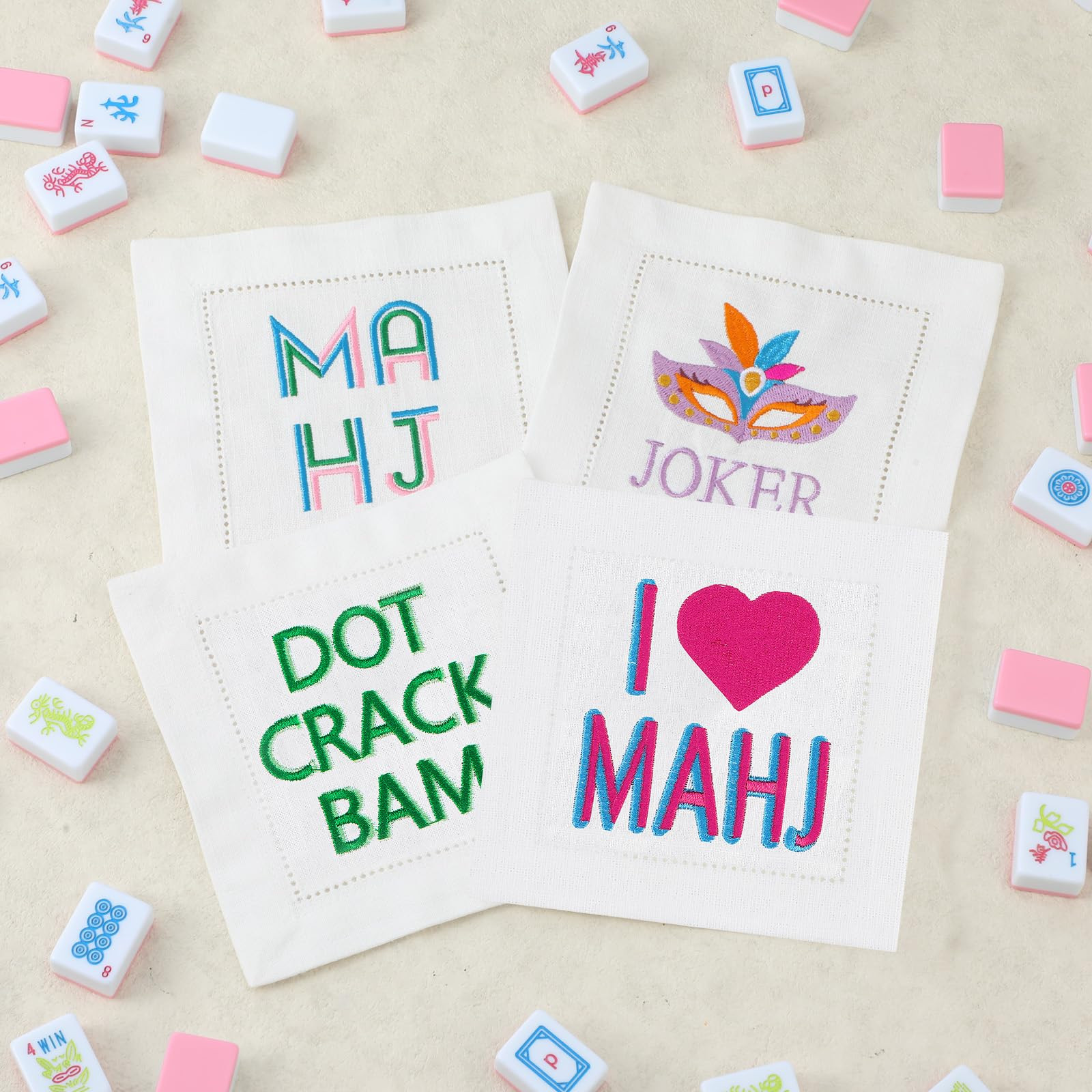 4 Packs Mahjong Theme Gifts Embroidered Mahjong Cocktail Napkins 6 x 6 Inches Soft Linen Cotton F... | Amazon (US)