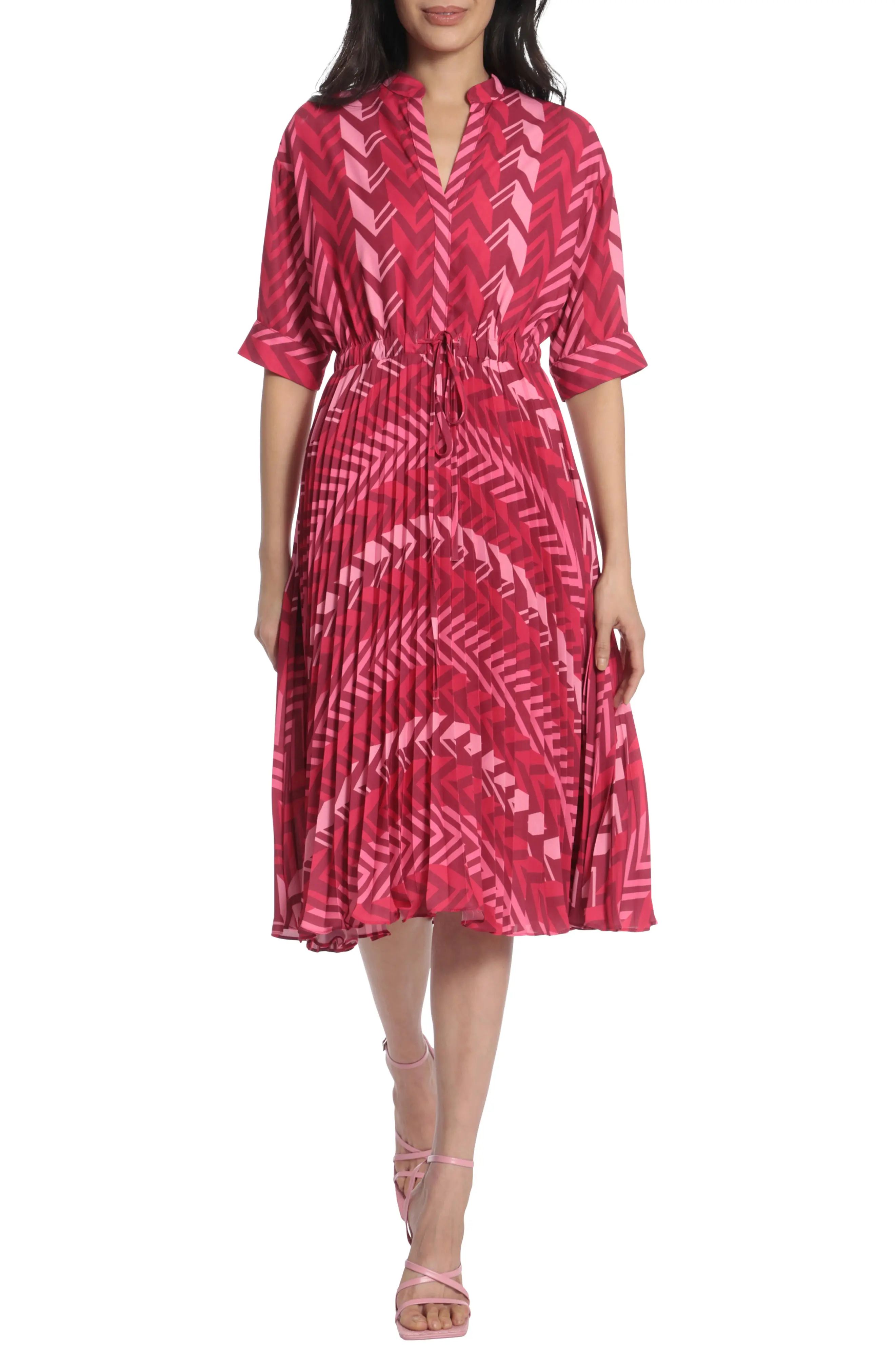 Maggy London Pleated Midi Dress in Berry/Hot Pink at Nordstrom, Size 8 | Nordstrom