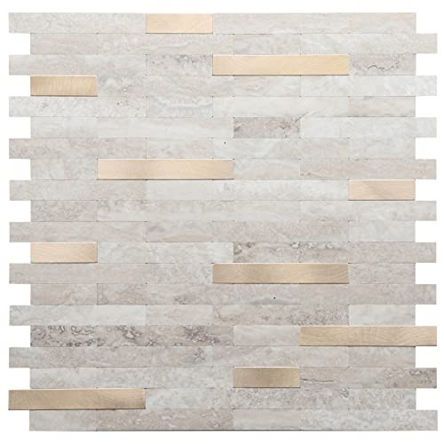 STICKGOO Peel and Stick Backsplash, PVC Wall Tiles Stick on Backsplash for Kitchen(5 Sheets, Beige with Metal Gold) | Amazon (US)