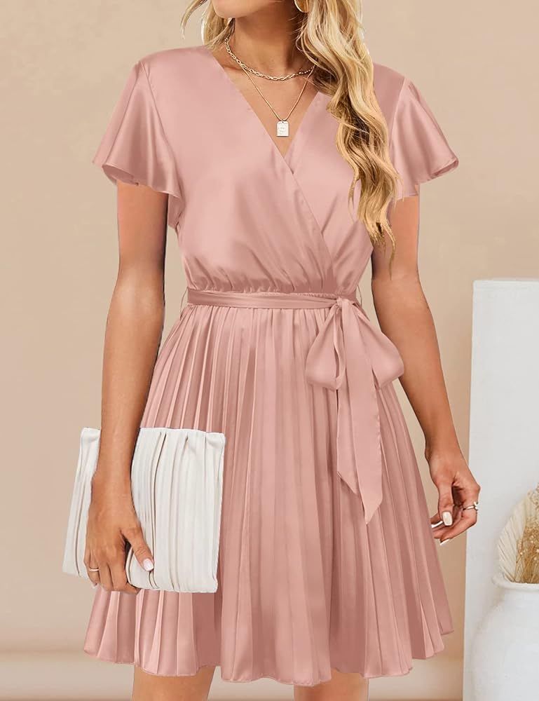 TECREW Women's 2023 Summer Satin Short Sleeve Tie Waist Mini Dress Pleated Wedding Guest Dress | Amazon (US)