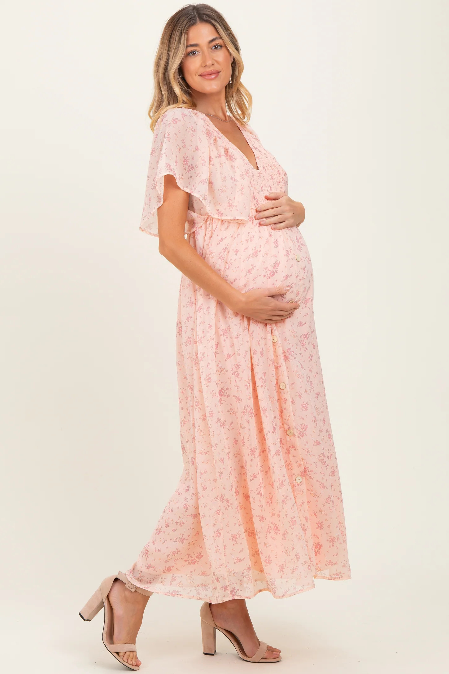 Light Pink Floral Chiffon Short Sleeve V-Neck Smocked Top Maternity Maxi Dress | PinkBlush Maternity
