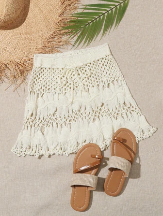 SHEIN Swim BohoFeel Tie Waist Crochet Cover Up Skirt | SHEIN