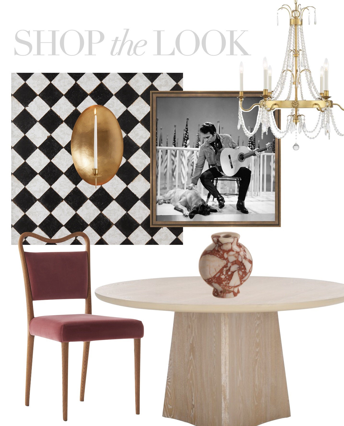 Retro glam dining room design inspiration: get the look with checkered removable wallpaper, peel and stick wallpaper, bleached wood round dining table, squiggle velvet dining chair, crystal chandelier, and gold candle sconce 

#LTKStyleTip #LTKHome