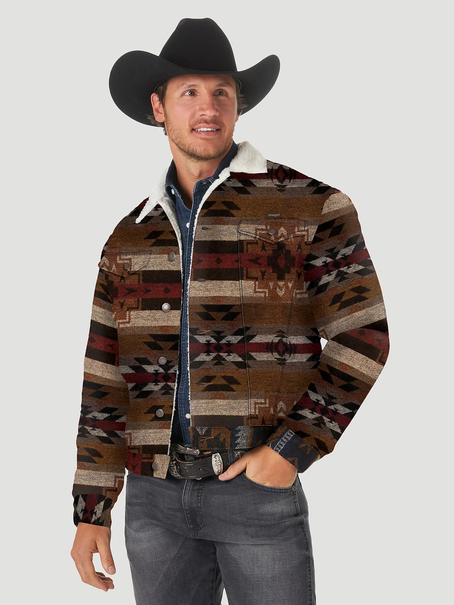 Men's Wrangler® Sherpa Lined Jacquard Print Jacket in Pecan Pie | Wrangler