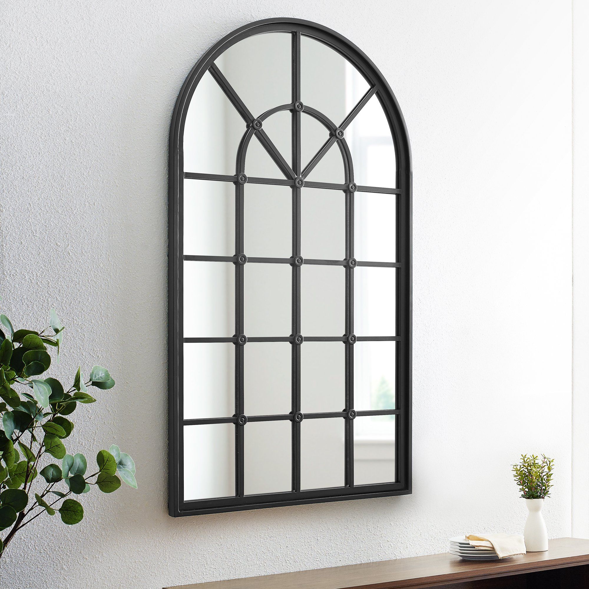 Black Frame Arched Windowpane Accent Mirror by Manor Park | Walmart (US)