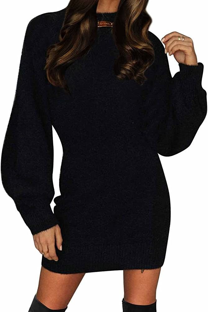 EXLURA Women's Mock Neck Ribbed Long Sleeve Bodycon Pullover Cute Mini Sweater Dress Black at Ama... | Amazon (US)
