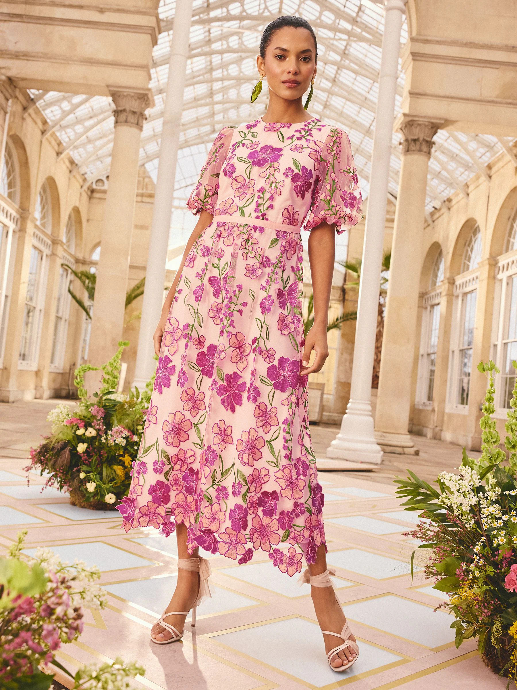 Love & Roses Love & Roses x RHS Pale Pink Floral Lace Puff Sleeve Midi Dress | Next US