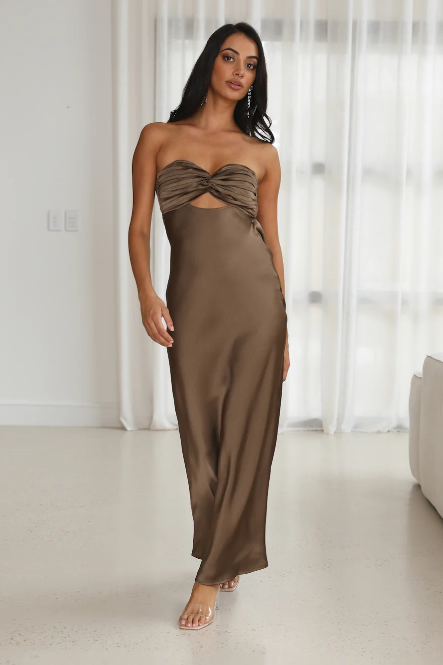 Up And Downs Satin Maxi Dress Brown | Hello Molly (AU)
