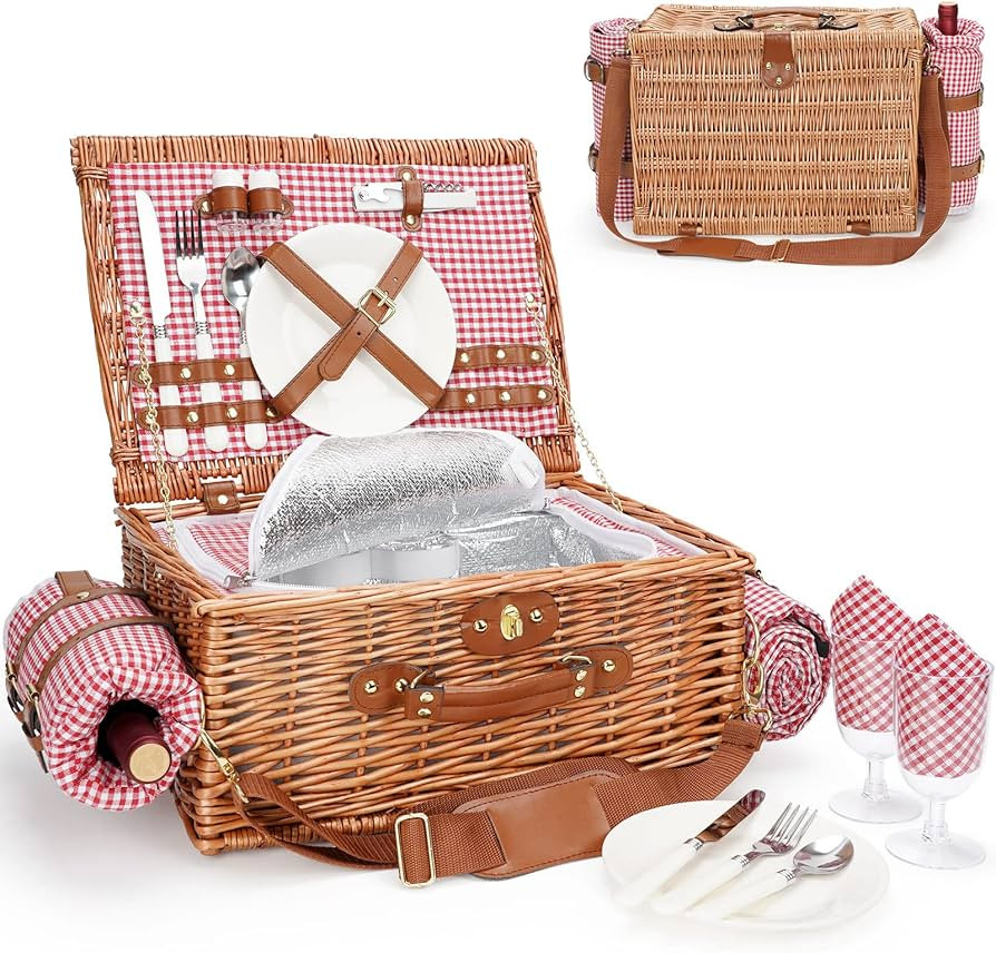 Picnic Basket for 2, Picnic Baskets with Waterproof Blanket, Picnic Hamper Set with Washable Beac... | Amazon (US)