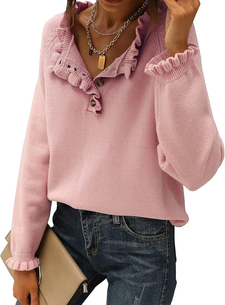 BTFBM Women's Sweaters Casual Long Sleeve Button Down Crew Neck Ruffle Knit Pullover Sweater Tops... | Amazon (US)
