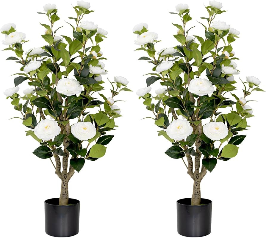 2 Pack 3FT Artificial Camellia Tree Fake Outdoor Tree with 28Blooming Flowers White Tree for Home... | Amazon (US)