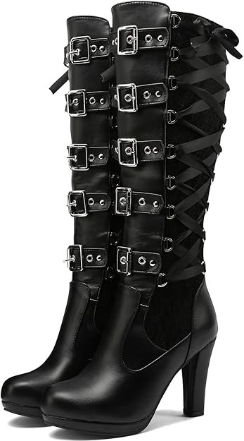 KysBloes Women Lace Goth Knee High Boots Buckle Block Heel Lace Up Knee Length Boots Punk Platfor... | Amazon (US)