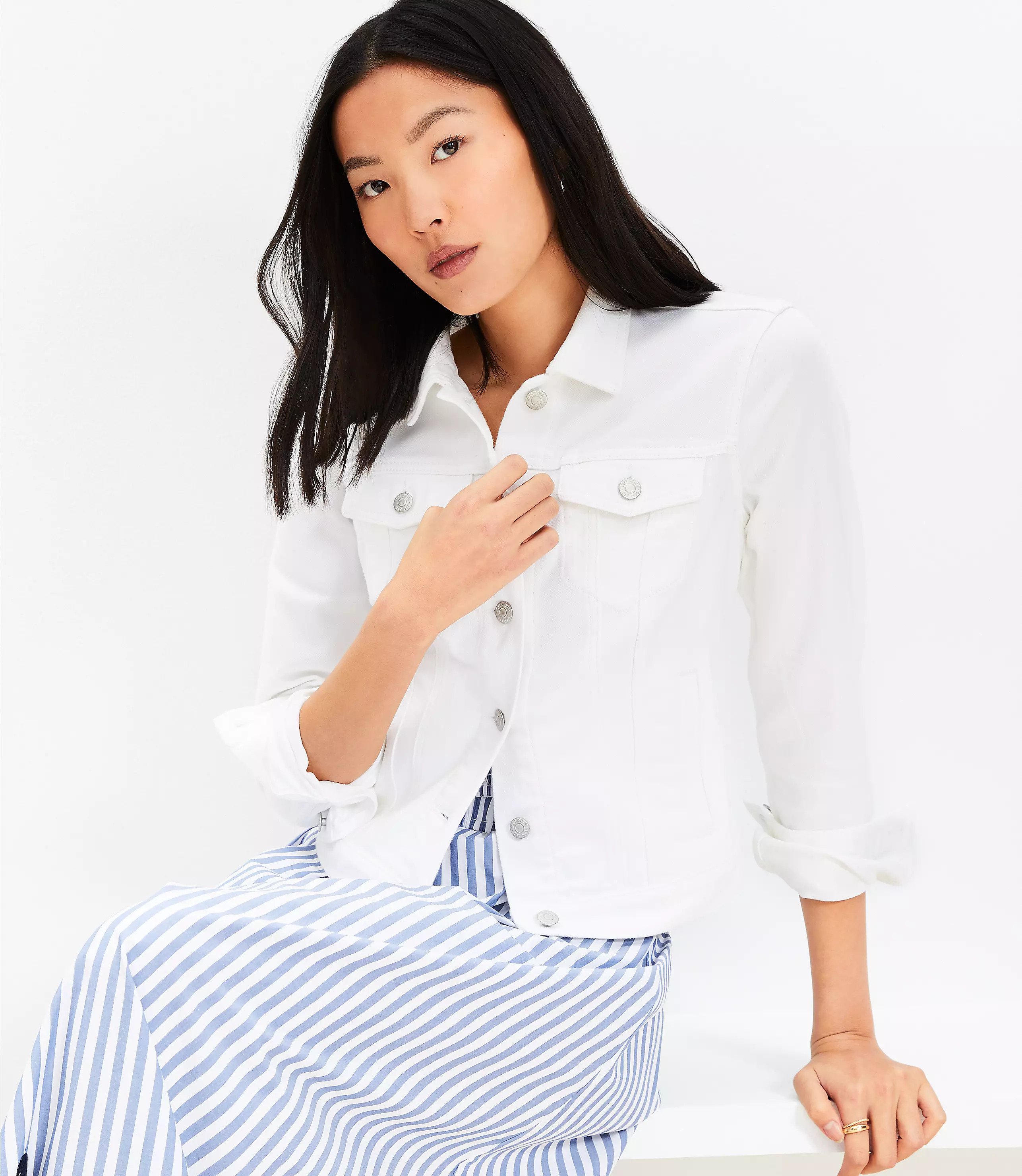 Petite Cropped Denim Trucker Jacket in White | LOFT