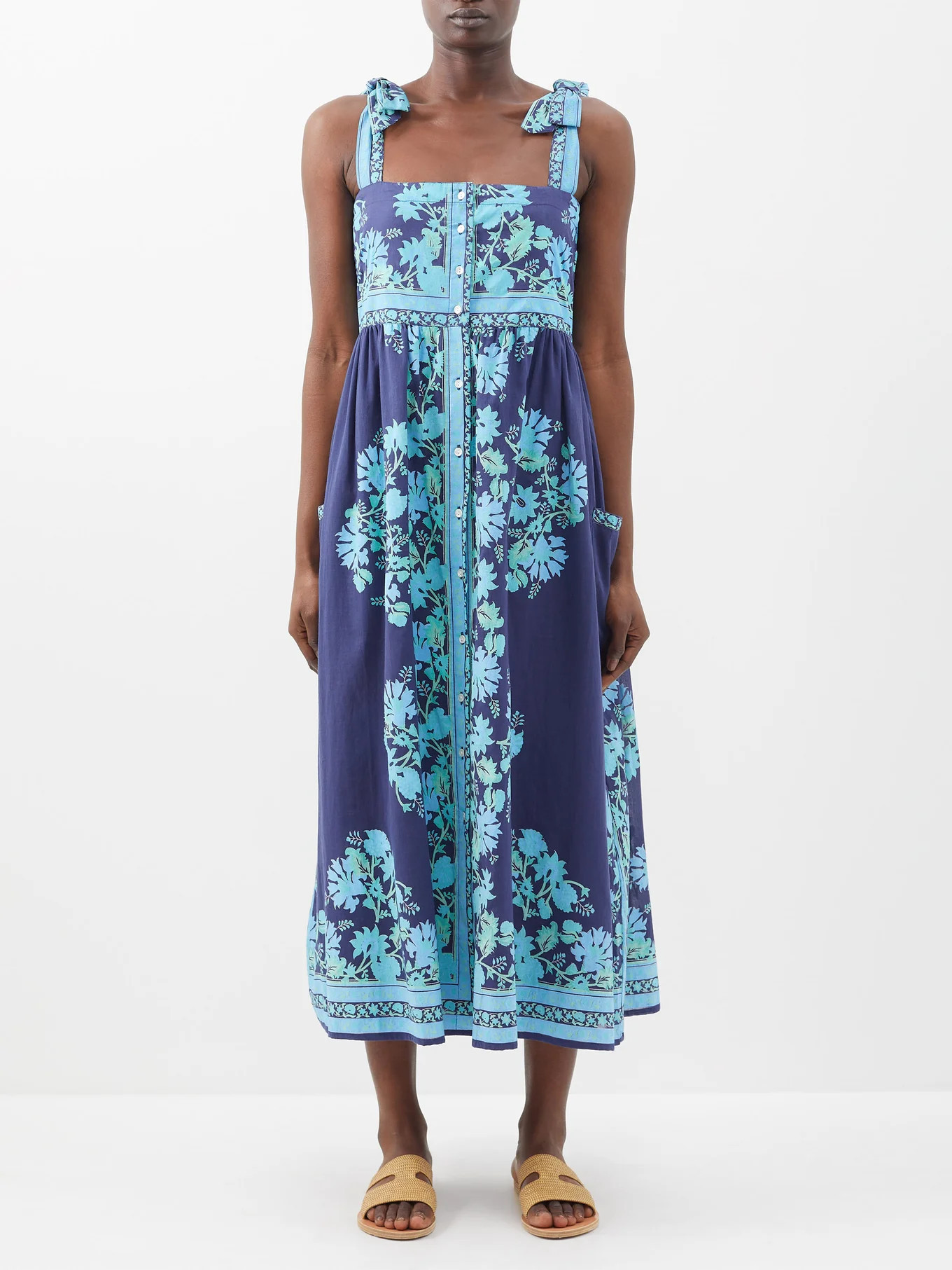 Tie-shoulder block-print cotton midi dress | Matches (US)
