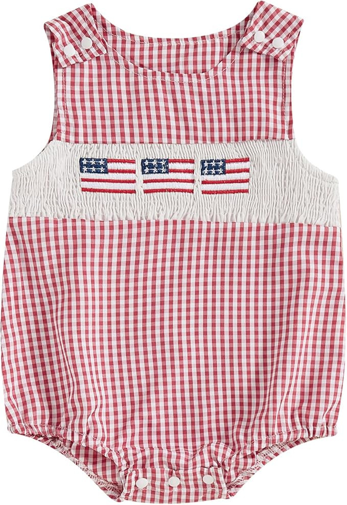 BeQeuewll 4th of July Baby Clothes Newborn Girl Boy Smocked Bubble Romper Flag Plaid Overalls Inf... | Amazon (US)