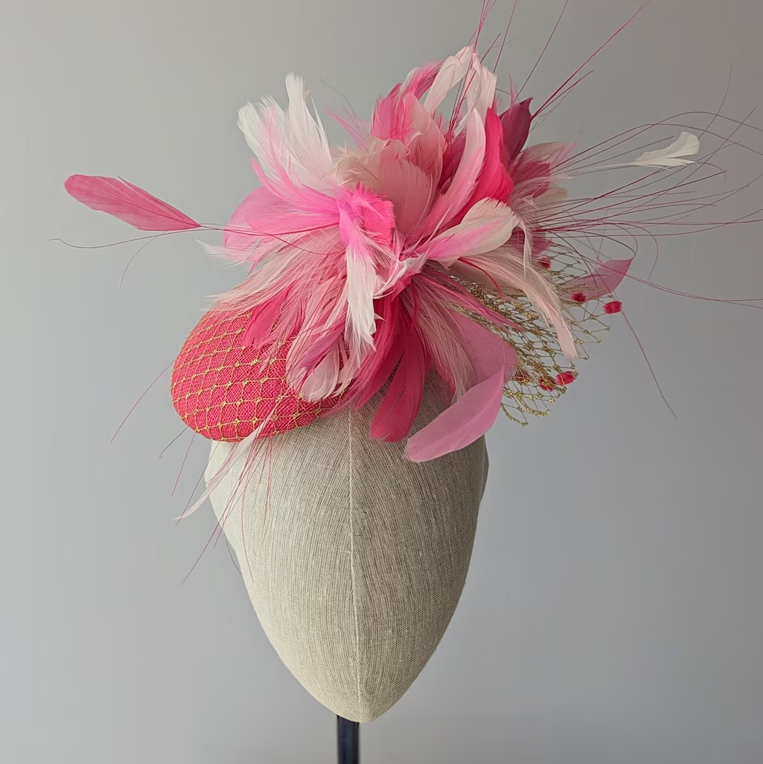 CUSTOMIZE Shades of Pink With Gold Kentucky Derby Hat. Feather Fascinator, Gold Veiling. Bridal S... | Etsy (US)