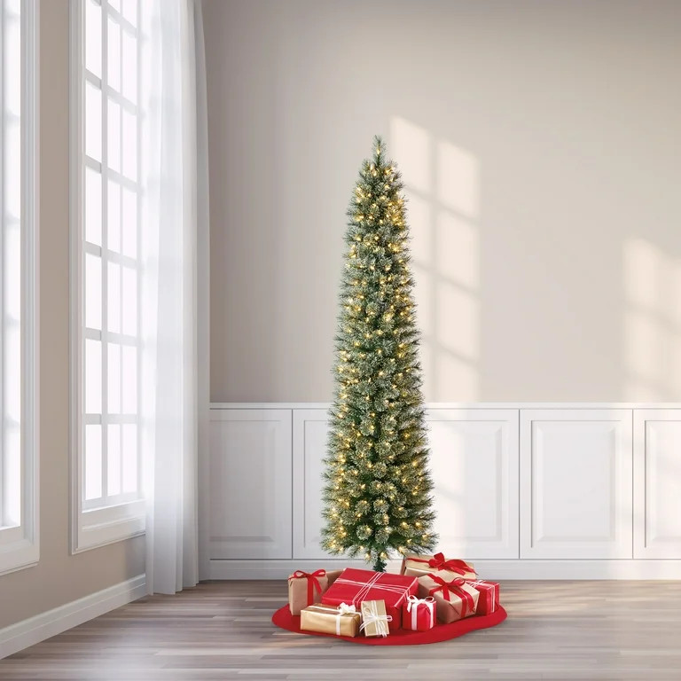 7 ft Pre-Lit Shelton Pencil Fir Artificial Christmas Tree, Clear LED Lights, by Holiday Time | Walmart (US)