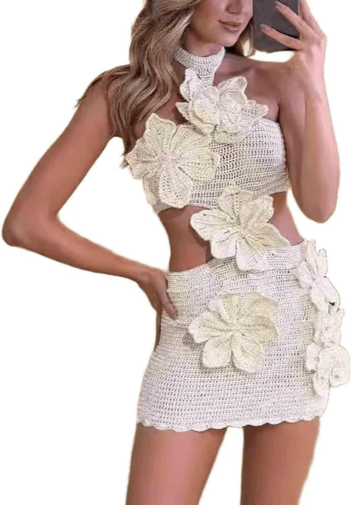 Women's Neck mesh Hanging Flower Hollow Vacation Style Dress, Sexy Slim fit Seaside Beach Skirt B... | Amazon (US)