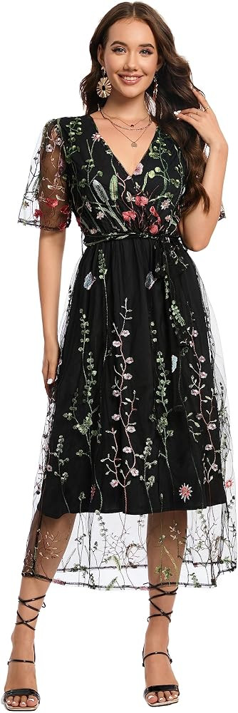 BaronHong Women's Floral Embroidered Tulle Prom Half-Sleeve V Neck Midi Dress with Waist Strap | Amazon (US)