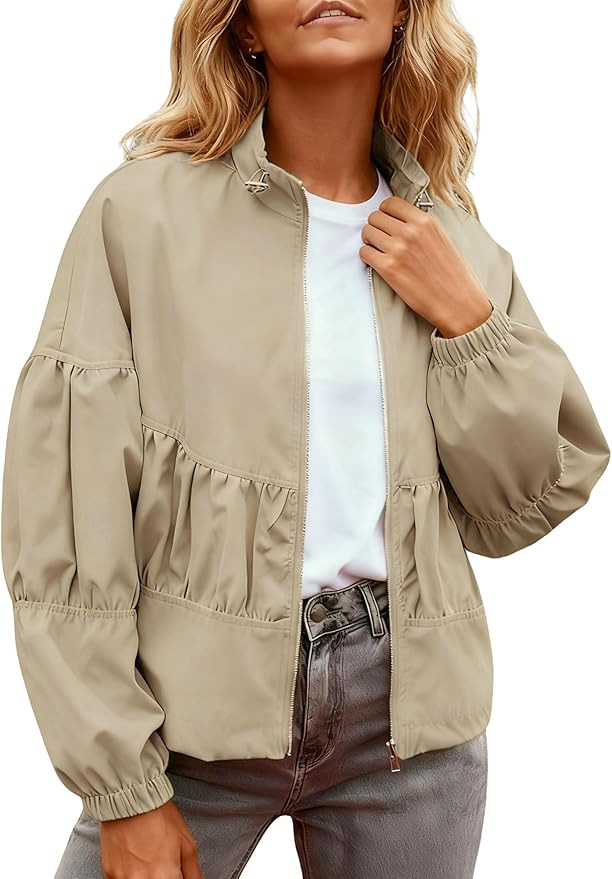 Watashi Women Casual Cropped Jacket Lightweight Zip Up Pleated Bomber Safari Short Jackets Pocket... | Amazon (US)
