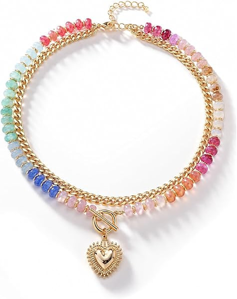 Colorful Acrylic Beaded Necklace For Women, Boho Double Layer Rainbow Beads Thick Cuban Chain Chu... | Amazon (US)