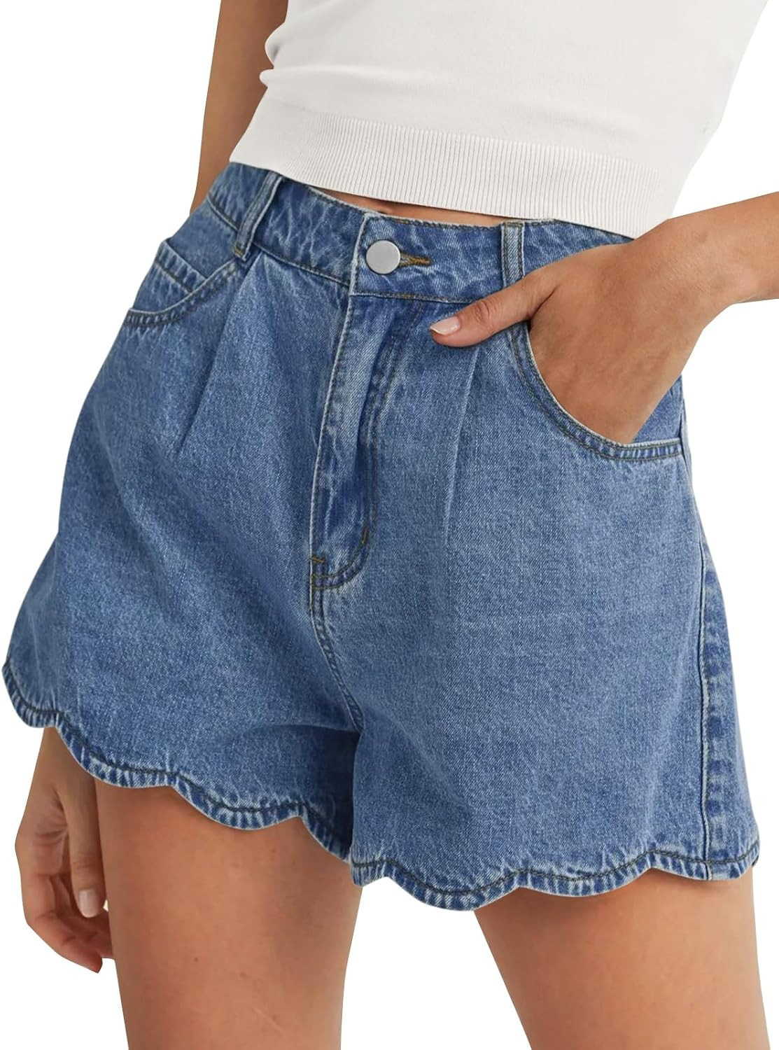 Tankaneo Womens High Waist Jean Shorts Summer Scalloped Hem Denim Short | Amazon (US)