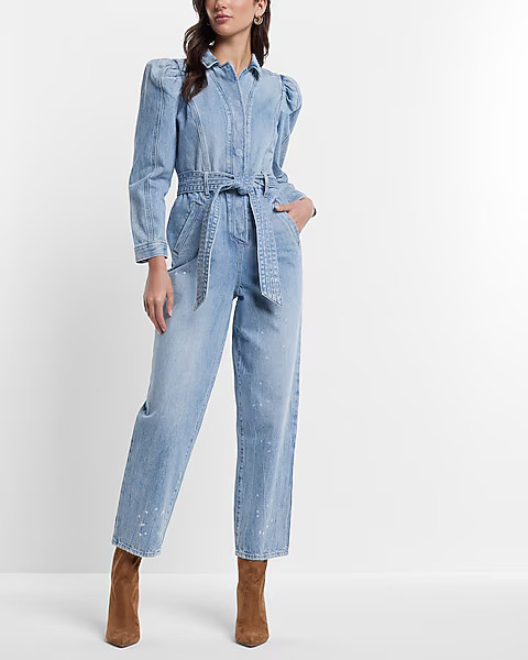 Puff Sleeve Tie Waist Medium Wash Denim Jumpsuit | Express