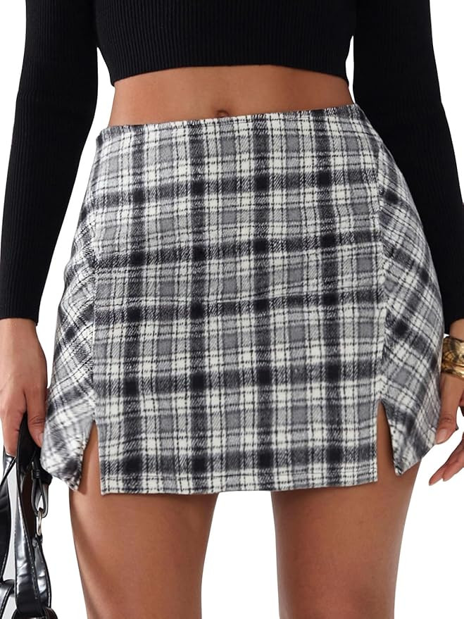 EXLURA Women's Fashion Faux Wool Mini Skirt High Waisted Y2K Trendy Side Slit Tweed Plaid Skirts ... | Amazon (US)