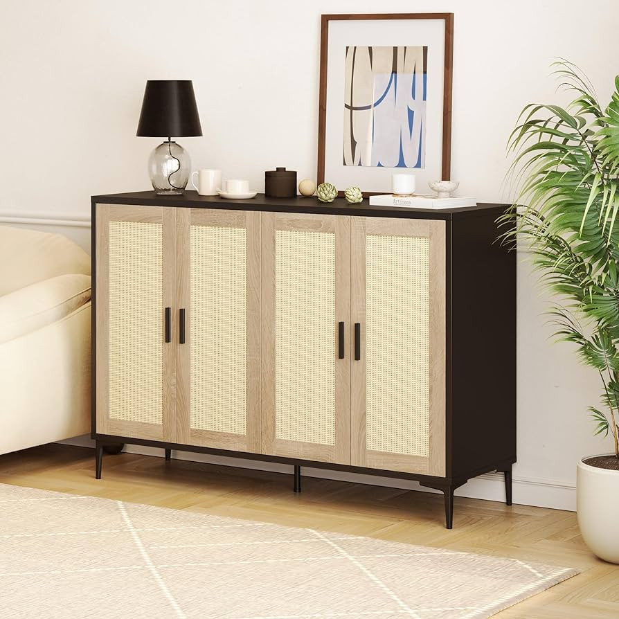 Sideboard Buffet Cabinet - Kitchen Cabinet with 4 Doors & Adjustable Shelf, Coffee Bar Storage Cabinet with Rattan Decor Door, Accent Cabinet for Dining Room, Hallway, Living Room (Natural and Black) | Amazon (US)
