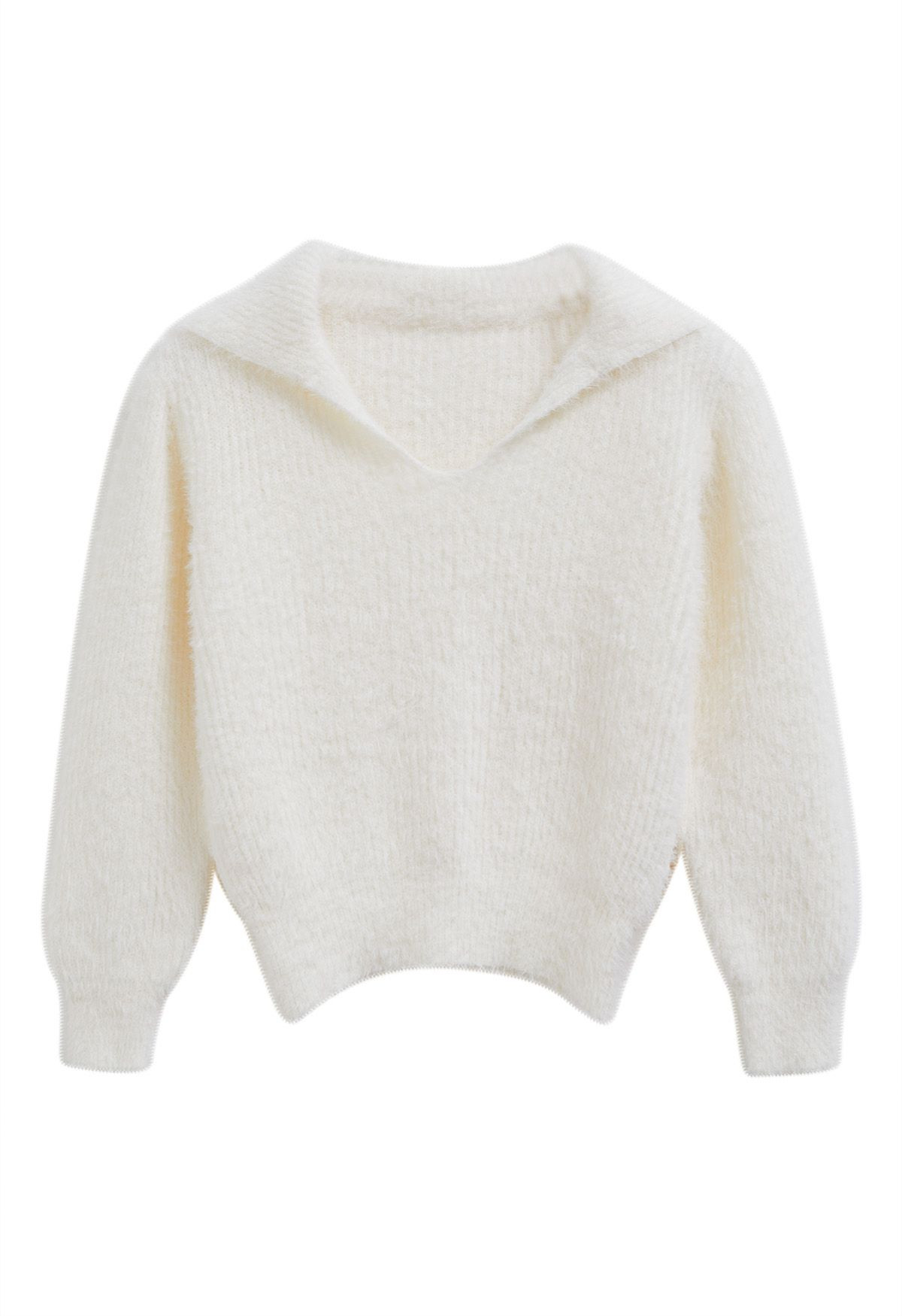 Flap Collar Fuzzy Knit Cropped Sweater in White | Chicwish
