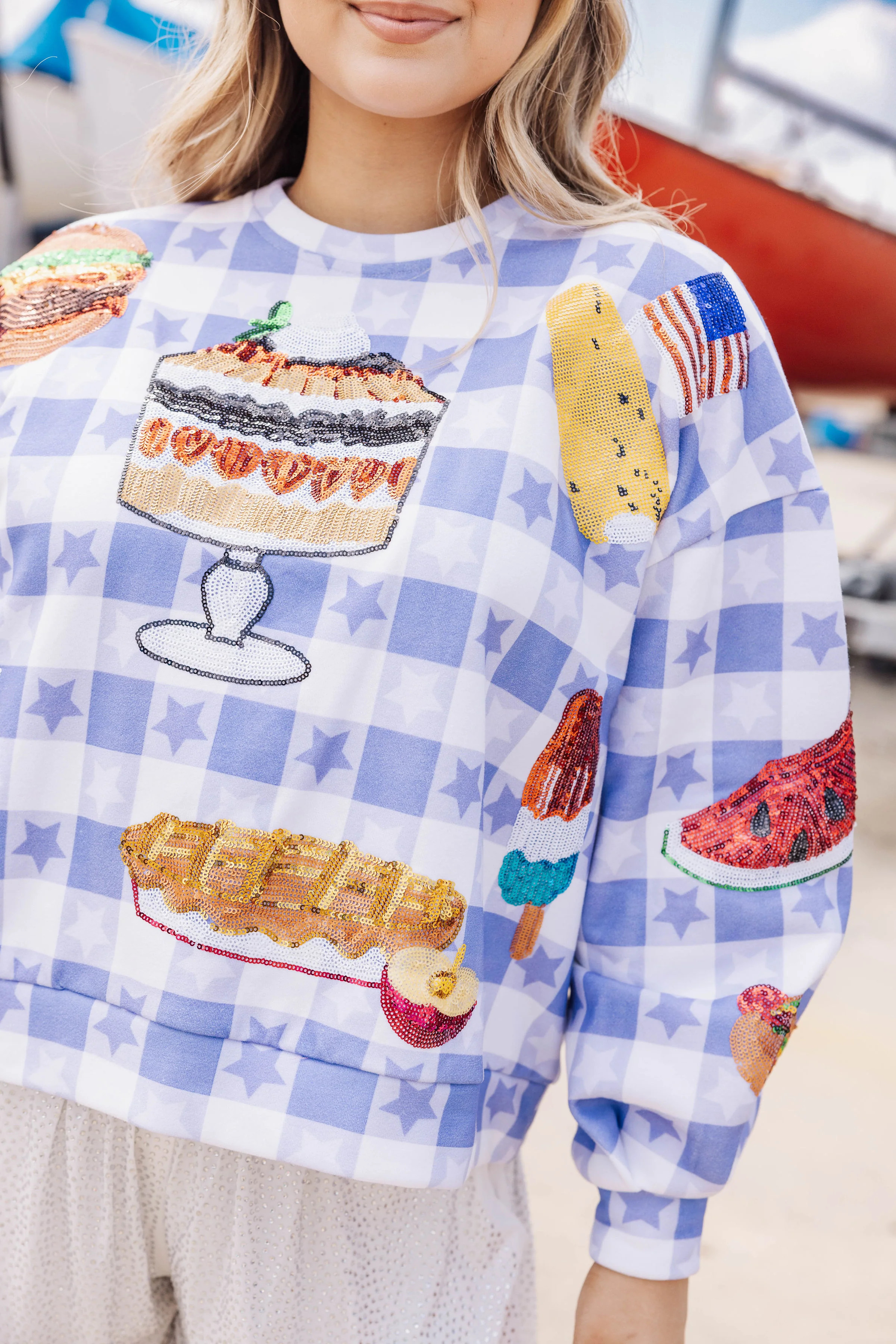 Blue & White USA Picnic Sweatshirt | Queen of Sparkles