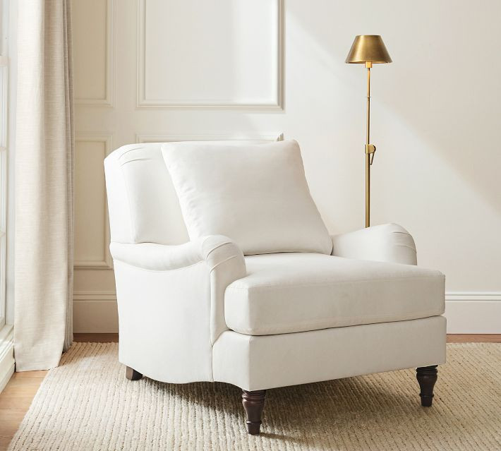 Carlisle English Arm Upholstered Armchair, Polyester Wrapped Cushions, Denim Warm White | Pottery Barn (US)