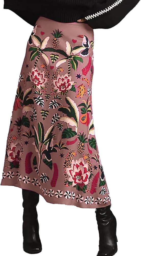 Womens Midi Skirt Tropical Floral Print Satin Skirt High Waisted Spring Summer A Line Long Skirts | Amazon (US)