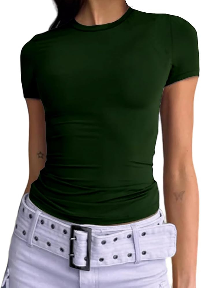 Dwnval Women Sexy Basic T Shirts Tops Summer Short Sleeve Crewneck Slim Fit Cute Crop Top Blouses | Amazon (US)